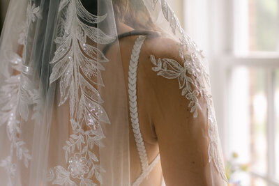 Wedding Photographer, the shoulders of a bride in her dress with veil