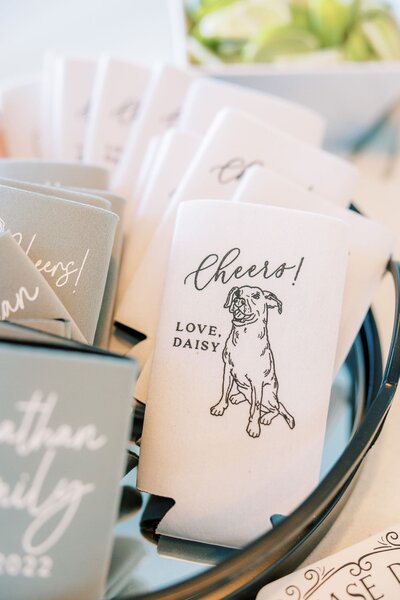 wedding can coozie with couple's dog imprinted