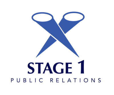 Stage 1 PR logo shows 2 spotlights to resemble that we can get your story in the spotlight. Media and Public Relations Consulting Company
