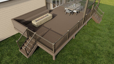 Photorealistic 3D rendering of a PVC deck with a fire table and integrated benches with storage. 