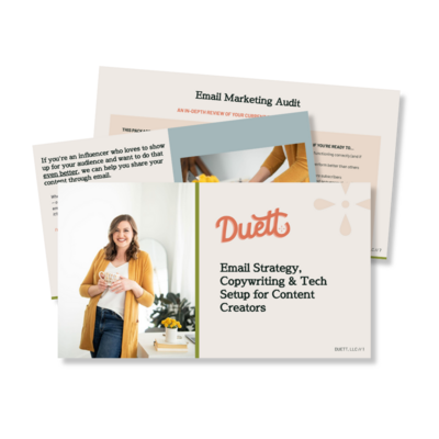 Picture of Duett services guide for Email strategy, copywriting, and tech setup for content creators