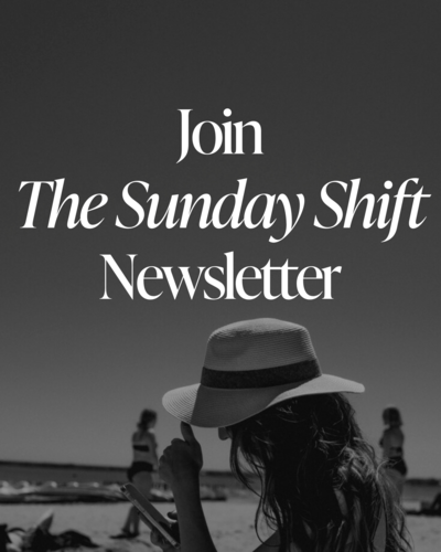 Join The Sunday Shift Newsletter call-to-action with 'Get on The List' button over black and white background image.