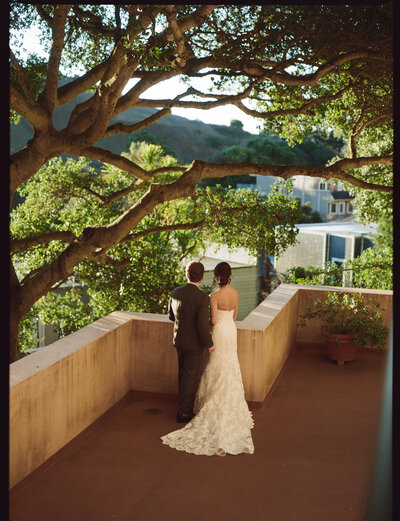 bride and groom standing on knee high wall looking out over scenery