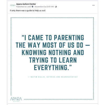 Facebook post for Apara Autism Center from The Bea Connected Team