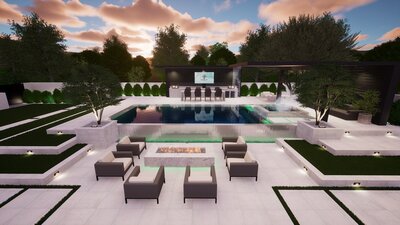 Custom tiered backyard design with infinity edge pool and spa.