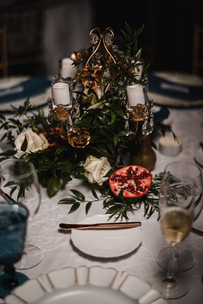 Table centerpiece made up candelabra and flowers, Salem wedding