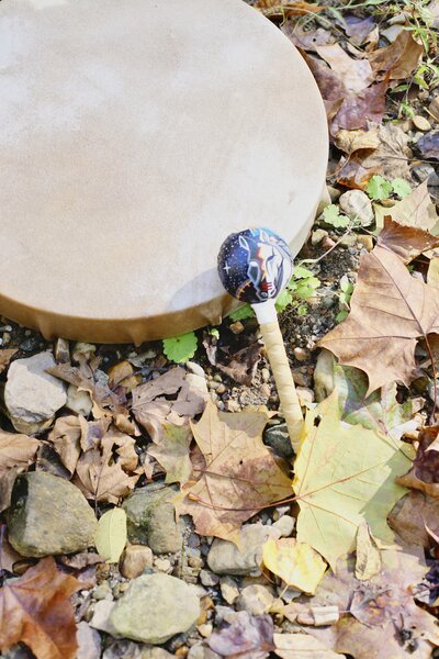 Drum and mallet on top of leaves