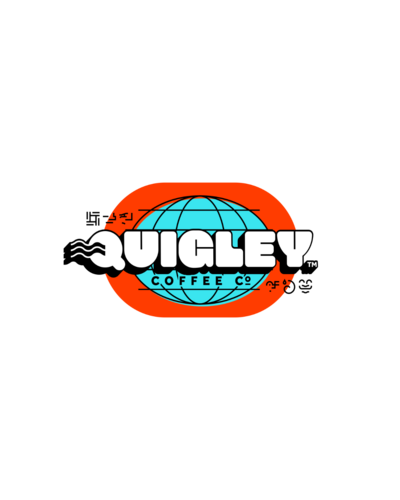 Logo of Quigley Coffee Co., a specialty coffee company featuring bold white text over a blue globe with an orange background.