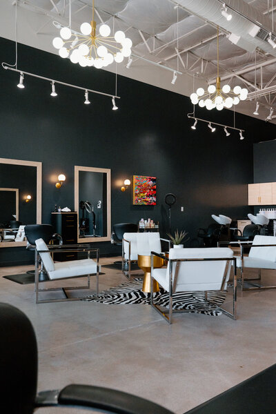 Photo of SCENE Salon chic waiting area in Dallas' Design District. Dark moody walls, gold accents, zebra rug, and modern furniture create a stylish, professional, welcoming hair salon.