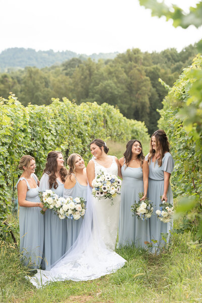 Bridesmaids standing in the vineyard holding flowers with mountains in the background at Point lookout vineyards