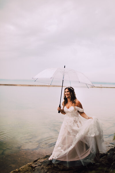 Bride holds umbrella