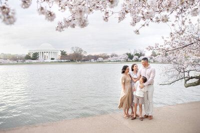 Family session under cherry blossom tree