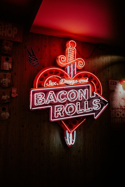 Sex Drugs and Bacon Rolls Neon Sign in London