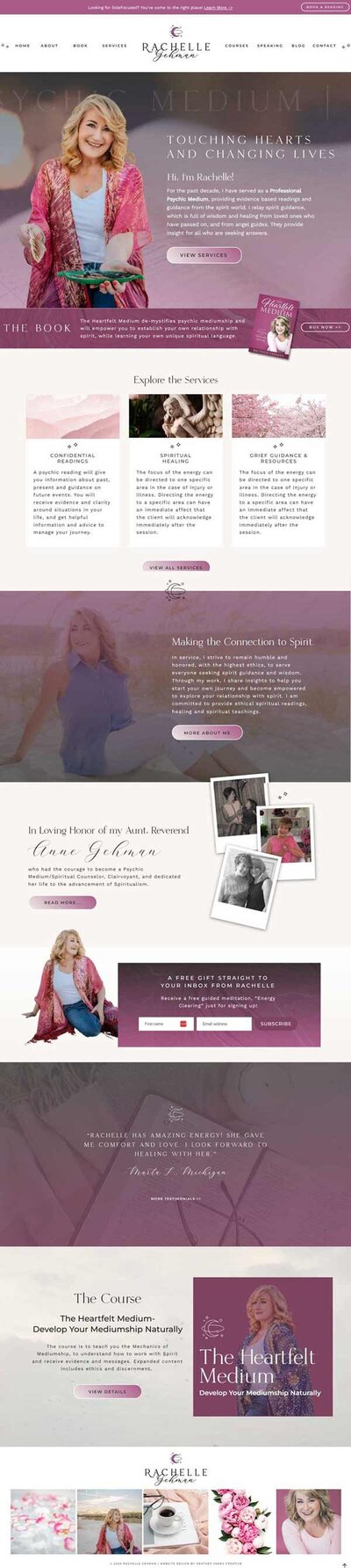 Embark on a journey of spiritual discovery with a comprehensive view of Rachelle's homepage. Meticulously designed by a Showit Web Design expert, this layout harmonizes aesthetic appeal with intuitive navigation seamlessly.