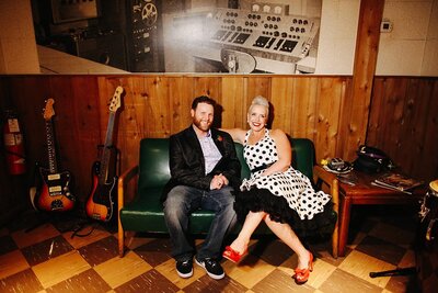 Rockabilly bride in white dress with black polkadots and groom in black suit marry at Historic RCA Studio B