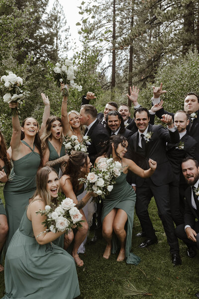 bridal party celebrating in lake tahoe