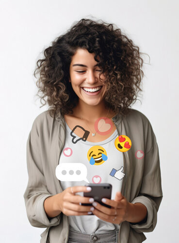 Young female entrepreneur looking down and  smiling at emojis  floating above  her cellphone