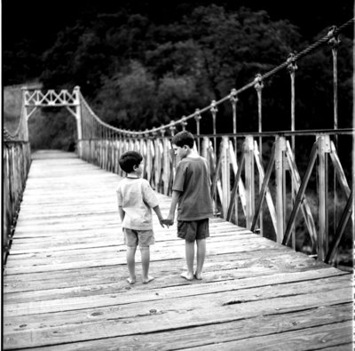 Colfax CA Film photo of 2 boys on bridge, black and white