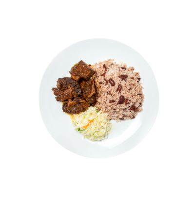 Oxtail, rice and peas, and coleslaw.