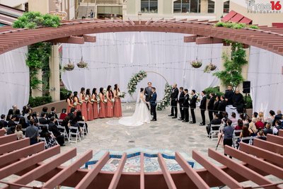 Aerial view of a wedding ceremony at the NOOR in Pasadena