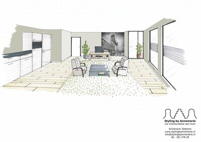 Perspectieftekening voor interieurinrichting nieuwbouw appartement Harlingen Waddeneilanden door Styling by Annemarie