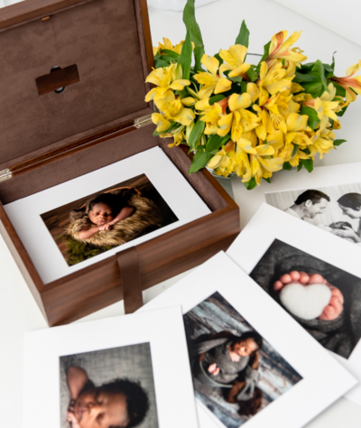 Matted prints of a newborn photo session