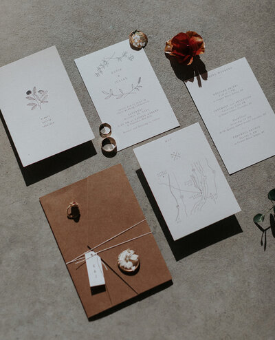 Elegant Hudson Valley wedding stationery suite with minimalist map and romantic floral details