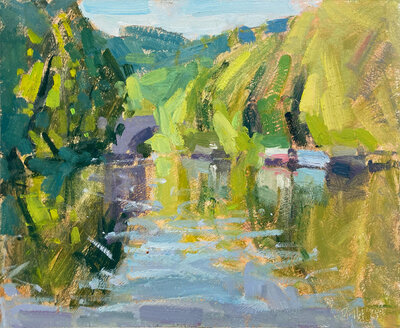 Plein air painting of reflections on the River Avon in Bath by artist Valérie Pirlot