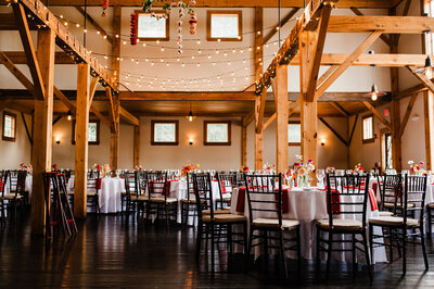 Overview of tables at wedding venue, Blended wedding at Peirce Farm at Witch Hill