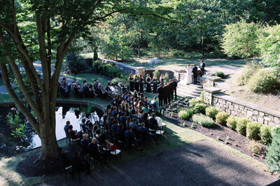 an overhead shot of a spring wedding outside in garden