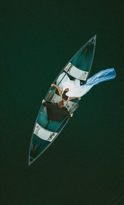 redfish lake idaho elopement in canoe drone shot