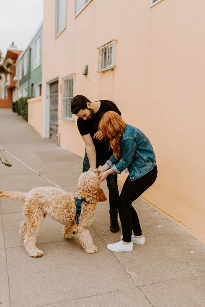 woman and man petting dog