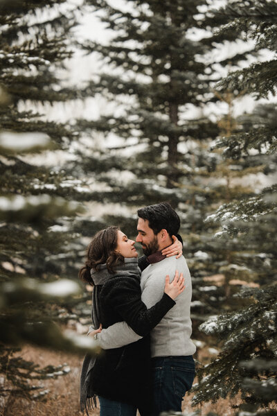 snowy winter engagement session in fish creek park captured by calgary wedding photographer