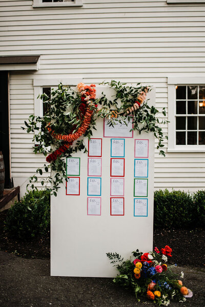 Seating chart with flowers, Blended wedding at Peirce Farm at Witch Hill