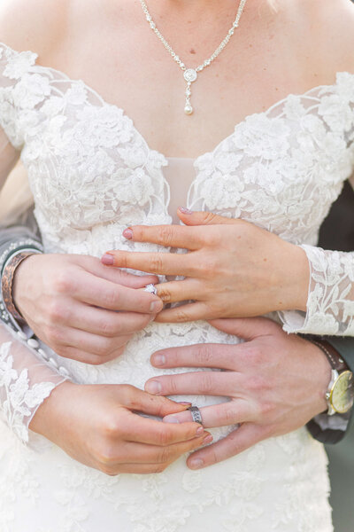 A closeup photo of a bride and groom hands around each other. They are each putting the ring on of the other person.