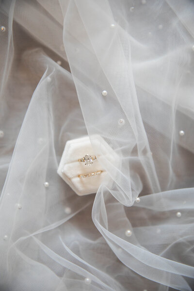 A veil and wedding rings
