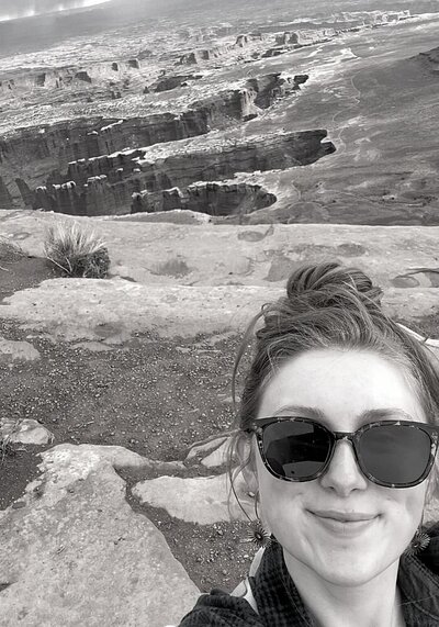 black and white image of allison on vacation