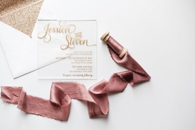 acrylic wedding invitation with rose pink ribbon