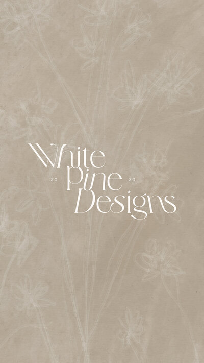 White Pine Designs logo on a tan floral texture background