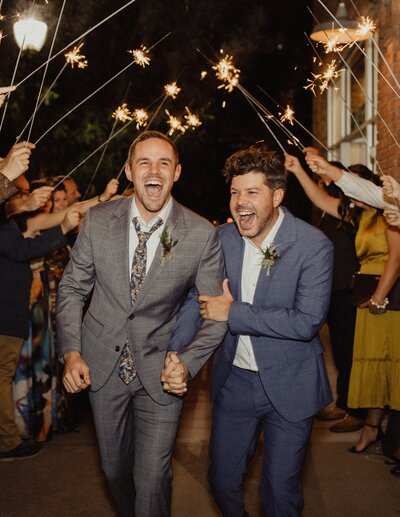 LGBTQ wedding exit with sparklers at the St Vrain wedding venue in Longmont Colorado