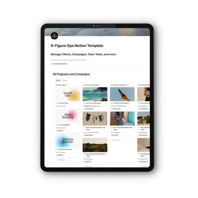 8-Figure-ops Product mockup for 8-Figure Operations, a Notion operating system with SOPs, project management, and launch planning built for digital product businesses