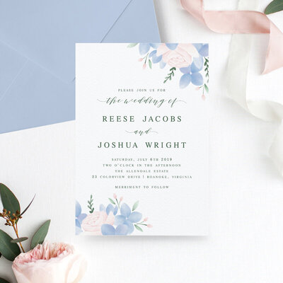 Mauve wedding invitation with fine line florals
