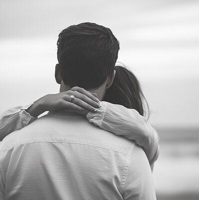 Koppel knuffelend met focus op verlovingsring aan haar vinger, vastgelegd tijdens aanzoekhulp door weddingplanner