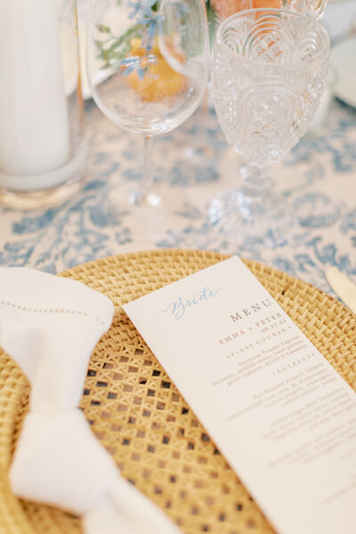 Menu card with guest name in calligraphy for wedding at Castle Hill Inn in Rhode Island
