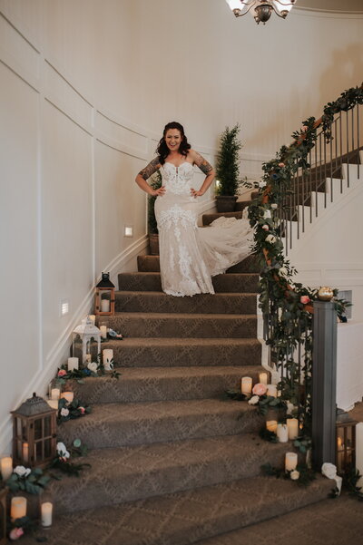 Bride  standing on staircase