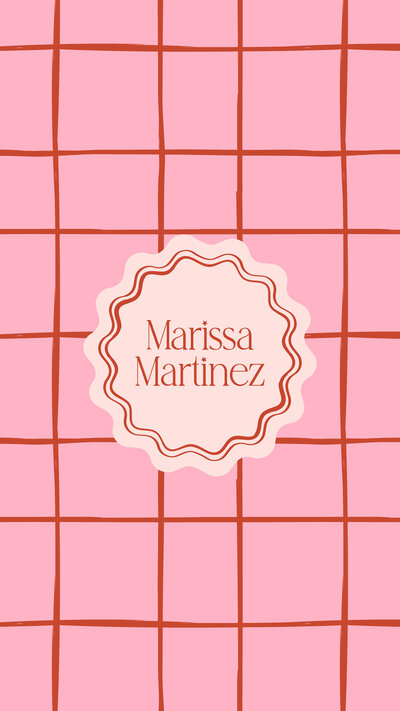 Marissa Martinez scalloped stamp logo on a pink and red pattern background