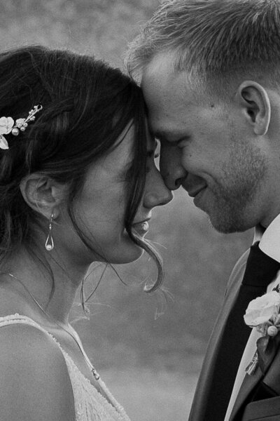 Black and white bride and groom wedding photo