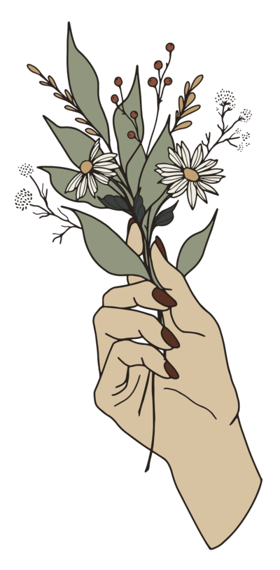 Graphic Image, a hand holds flowers and leaves