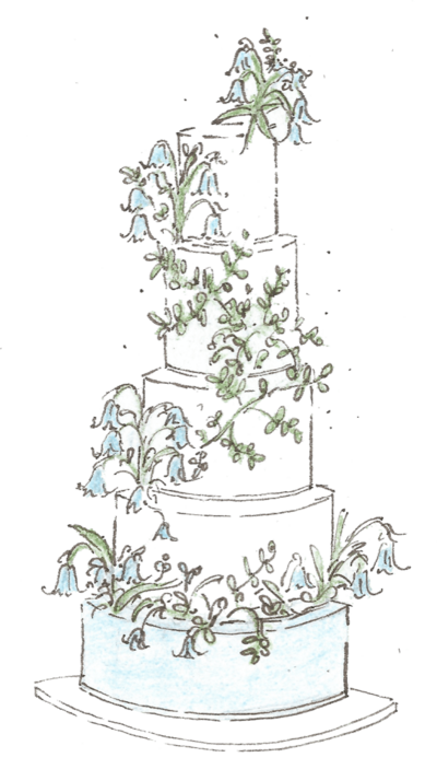 A hand drawn illustration of a 5 tier wedding cake