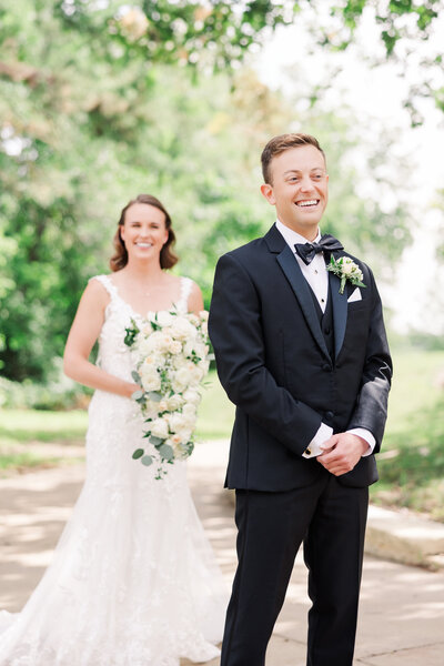 first look of bride and groom at a minnesota wedding